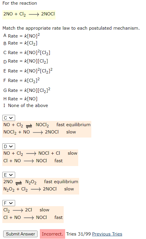 Solved For The Reaction 2NO+Cl2 2NOCl Match The Appropriate | Chegg.com