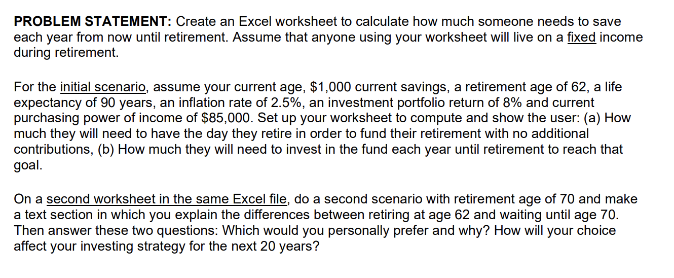 Solved PROBLEM STATEMENT: Create an Excel worksheet to | Chegg.com