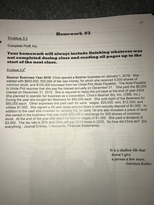 Solved 67 Homework #3 Problem 3-1 Complete Fluff, Inc. Your | Chegg.com