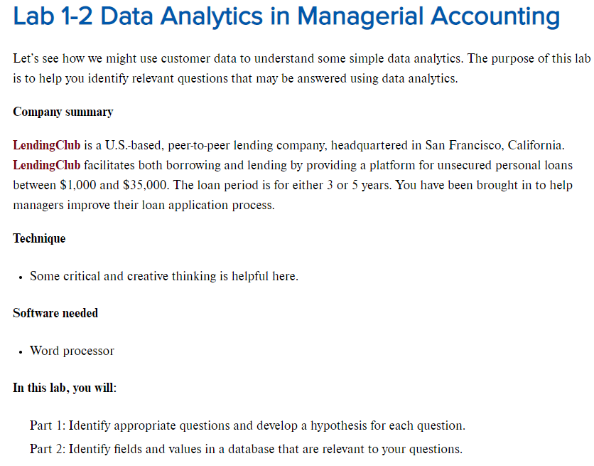 Solved Lab 1-2 Data Analytics in Managerial Accounting Let's