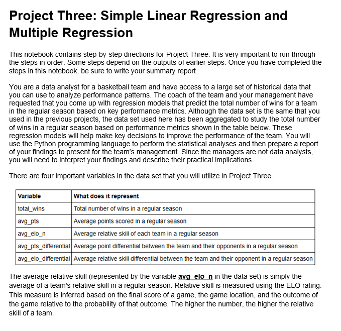Solved Project Three: Simple Linear Regression and Multiple | Chegg.com