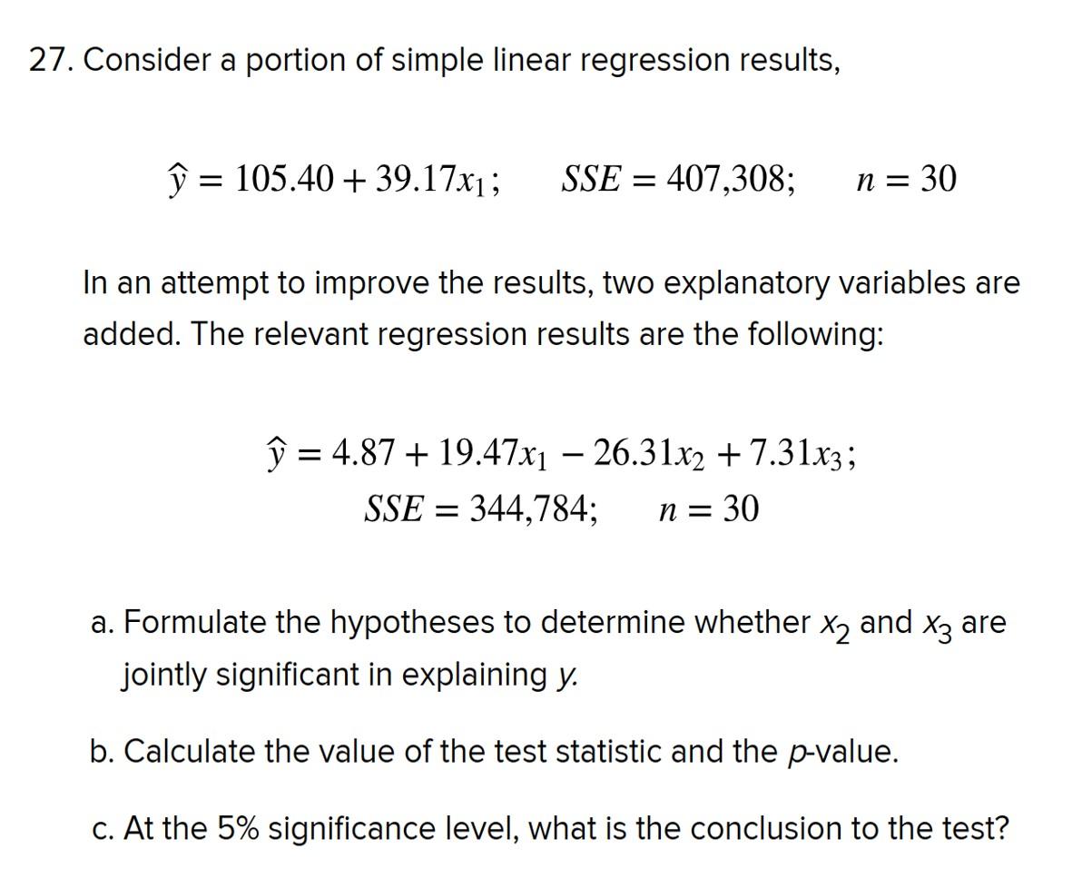 Solved 27. Consider a portion of simple linear regression | Chegg.com