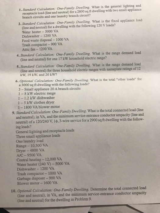 Solved 1. Standard Calculation OneFamily Dwelling. What is