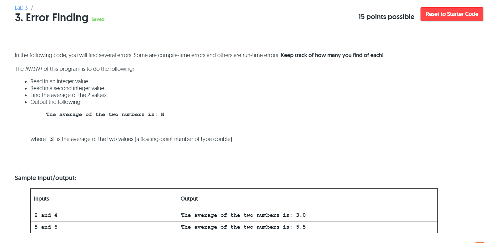 Solved Lab 3 / Reset to Starter Code 3. Error Finding Saved | Chegg.com