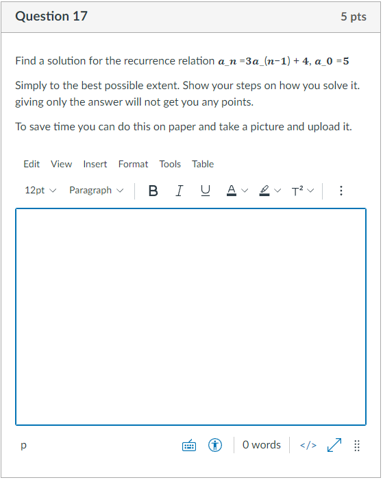 Solved Question 17 5 pts Find a solution for the recurrence | Chegg.com