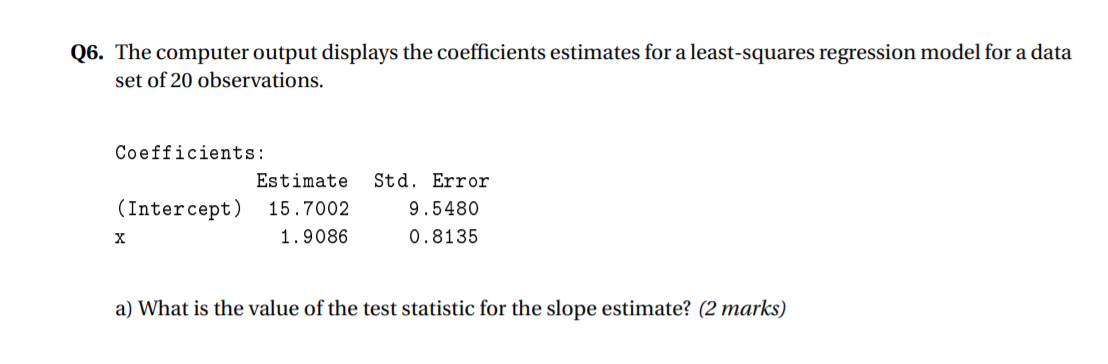 Q6. The computer output displays the coefficients | Chegg.com