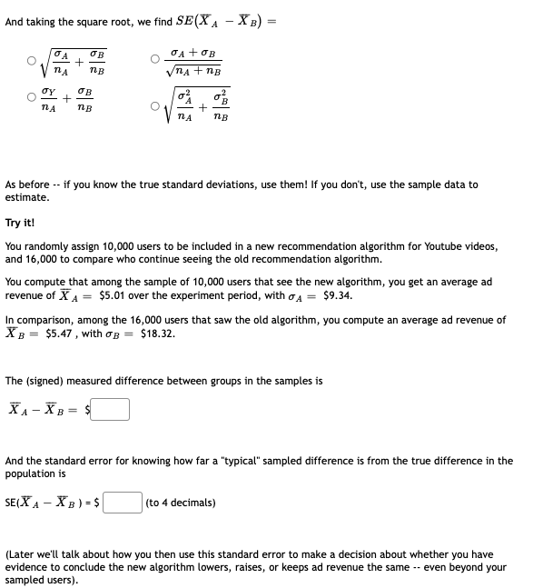 Solved Standard error for difference of sample means XA - XB | Chegg.com
