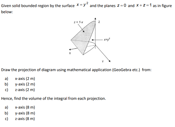 Given solid bounded region by the surface x = y² and the planes z = 0 and X+z=1 as in figure
below:
z = 1-x
x=y²
Draw the pro