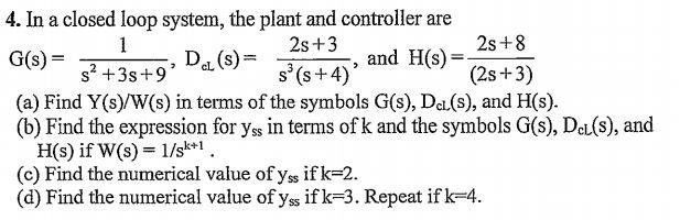 Solved 4. In a closed loop system, the plant and controller | Chegg.com