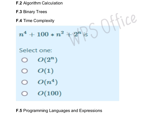 Solved F.2 Algorithm Calculation F.3 Binary Trees F.4 Time | Chegg.com