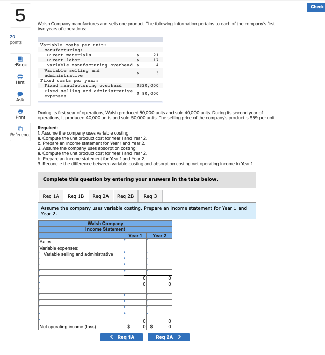 Solved Check Walsh Company manufactures and sells one