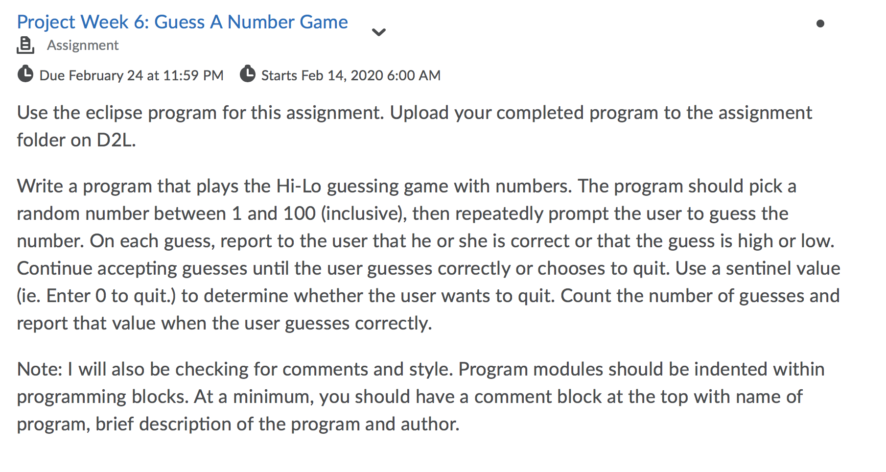 Solved Project Week 6: Guess A Number Game 9 Assignment Due | Chegg.com