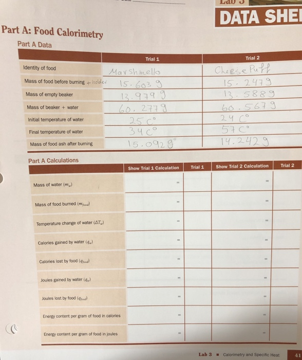 Solved DATA SHE Part A Food Calorimetry Part A Data Trial 1