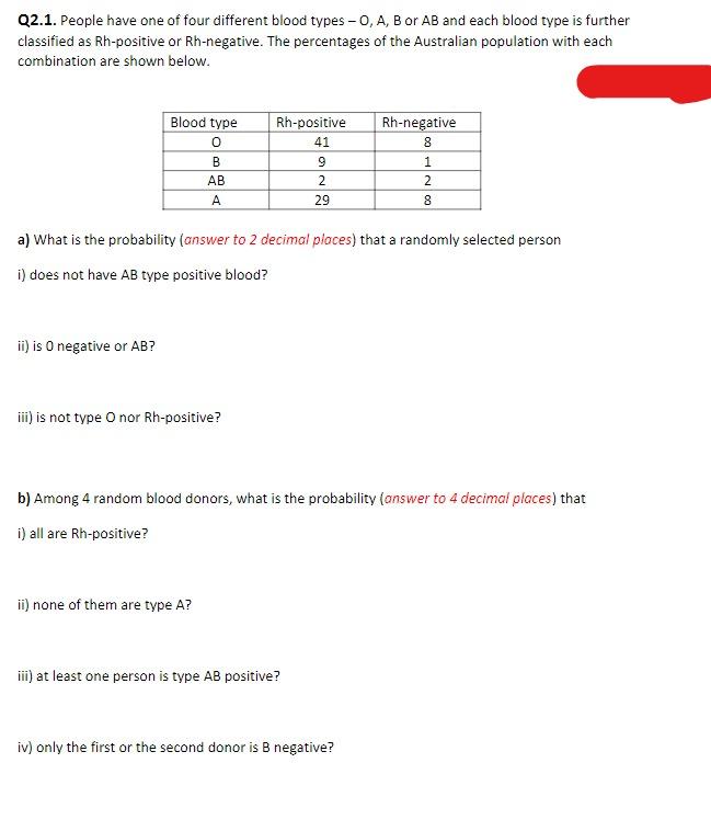 [Solved]: Q2.1. People have one of four different blood ty