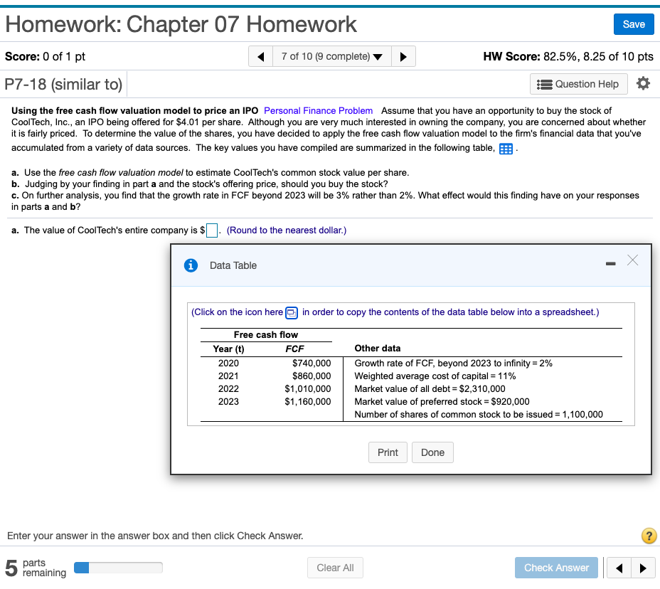 Save Homework: Chapter 07 Homework Score: 0 of 1 pt 7 | Chegg.com