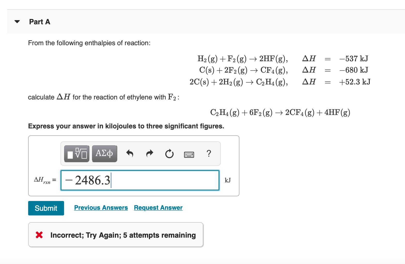 Solved Part A From the following enthalpies of reaction Chegg