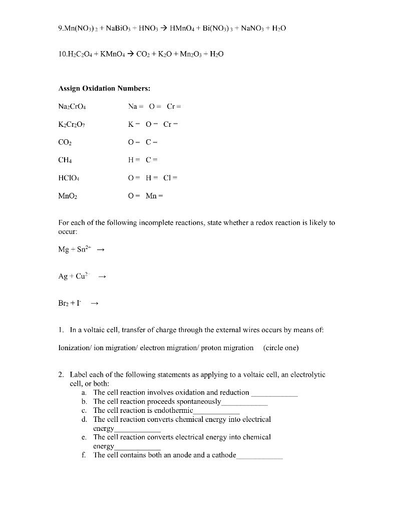 Solved Chemistry Name Period Oxidation Reduction Workshee Chegg Com