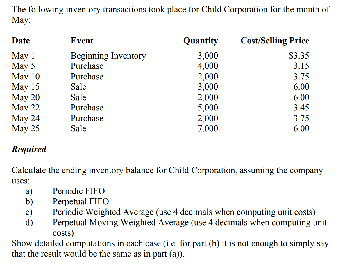 Solved The Following Inventory Transactions Took Place For | Chegg.com