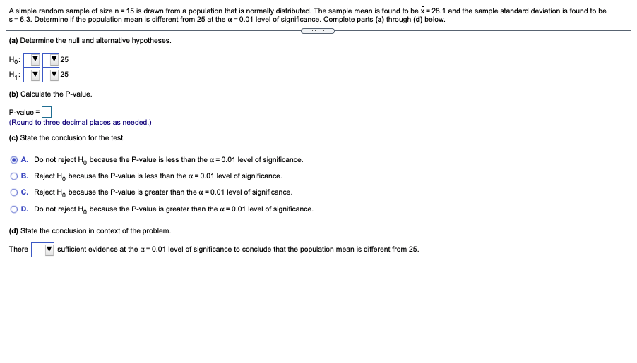 Solved A simple random sample of size n= 15 is drawn from a | Chegg.com