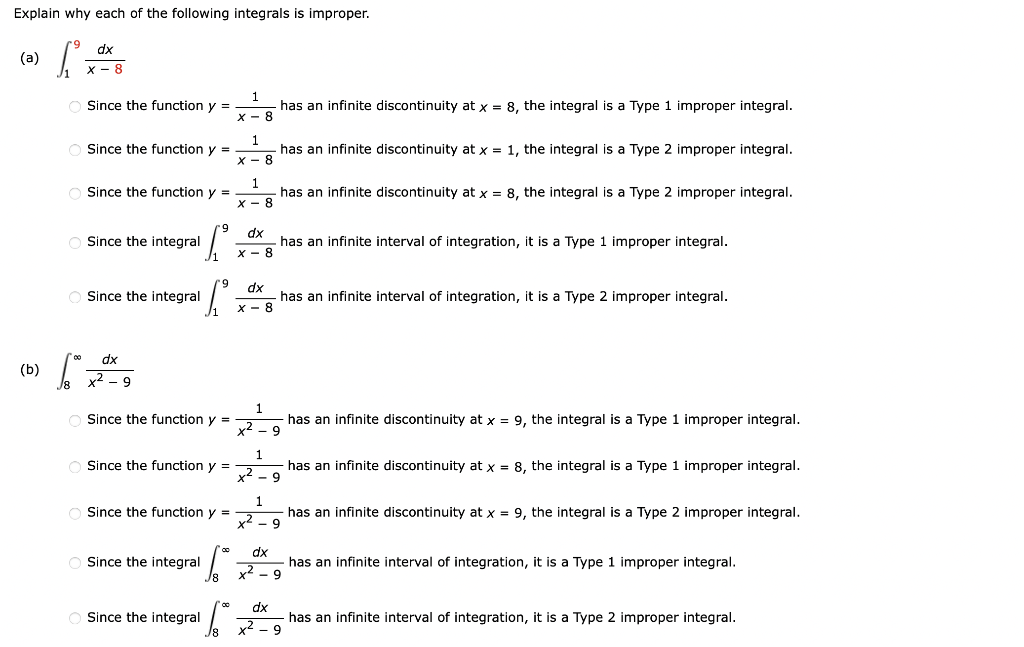 Solved Explain why each of the following integrals is | Chegg.com