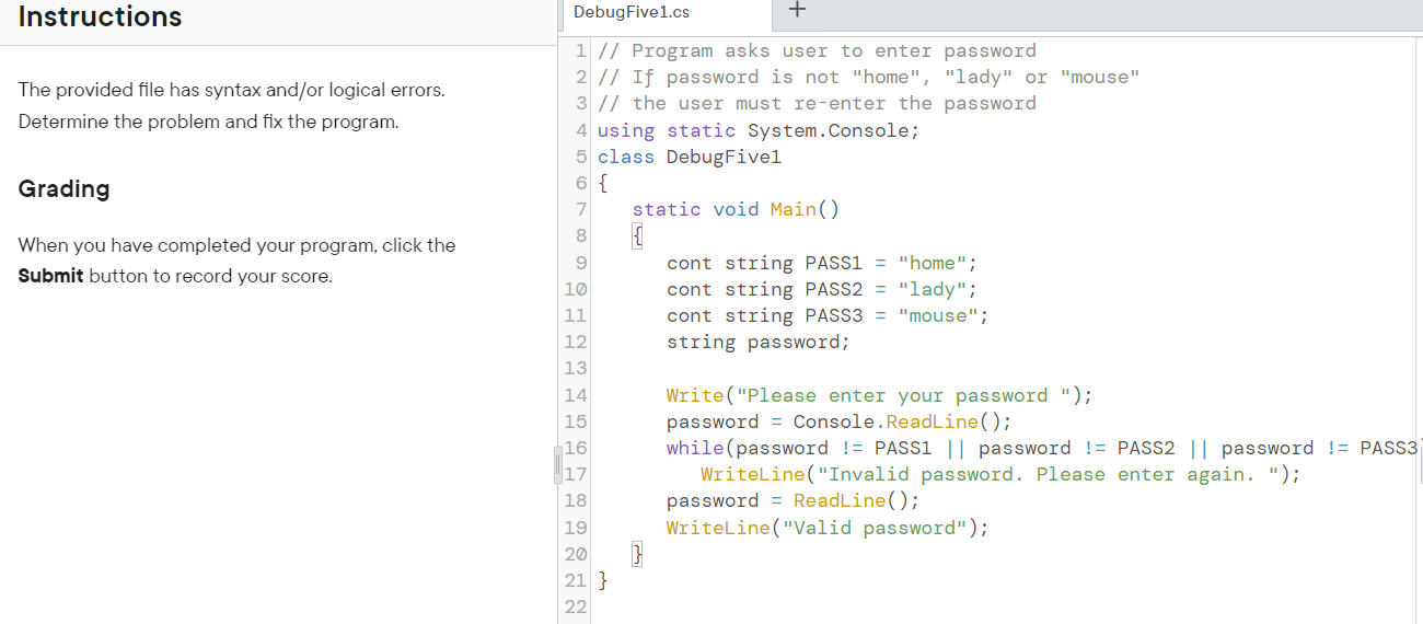 Solved Instructions DebugFive1.cs The provided file has | Chegg.com