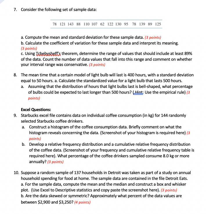 Solved 7. Consider the following set of sample data: 78 121 | Chegg.com