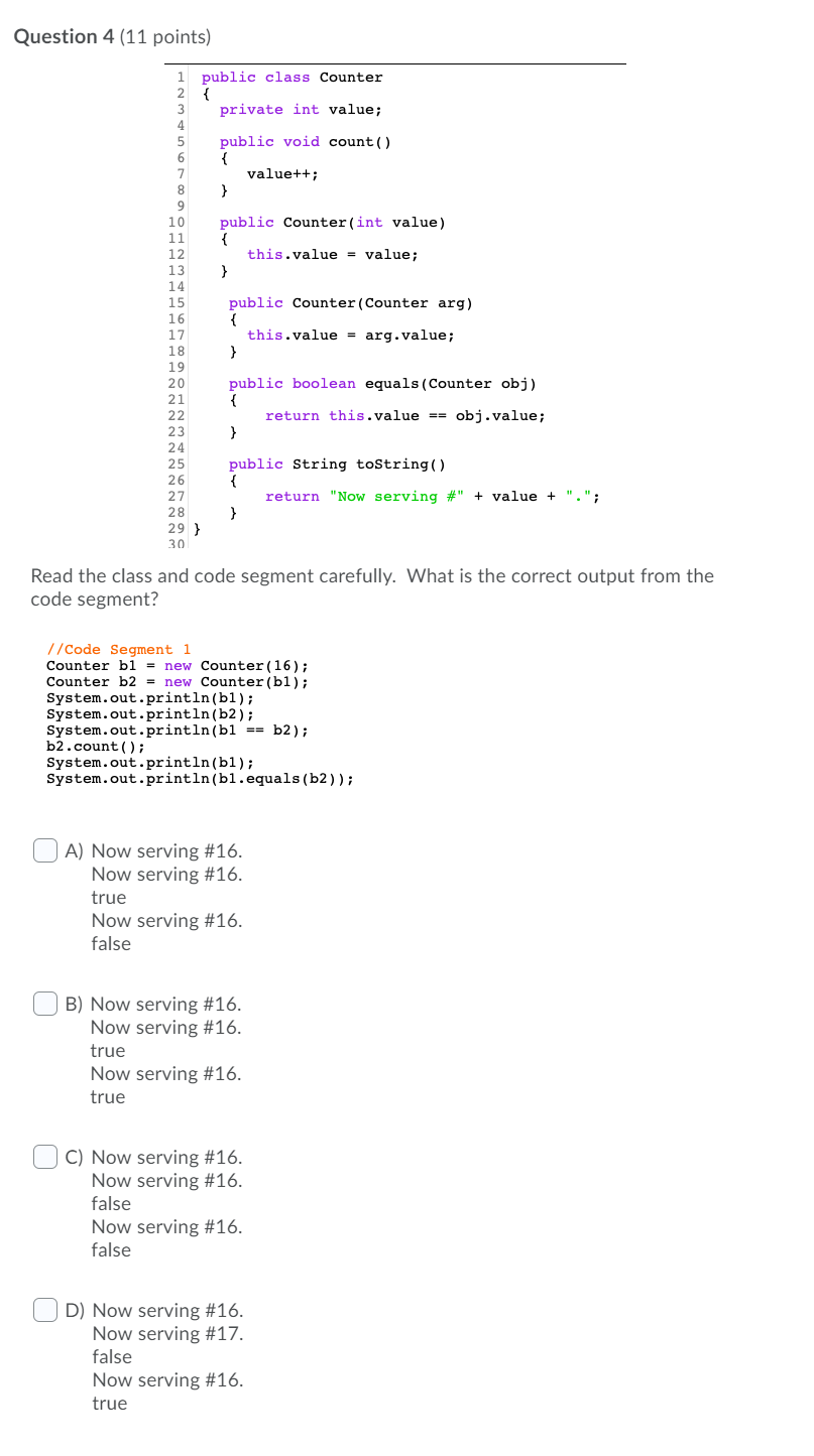 Solved Question 4 (11 points) 1 2 public class Counter { | Chegg.com