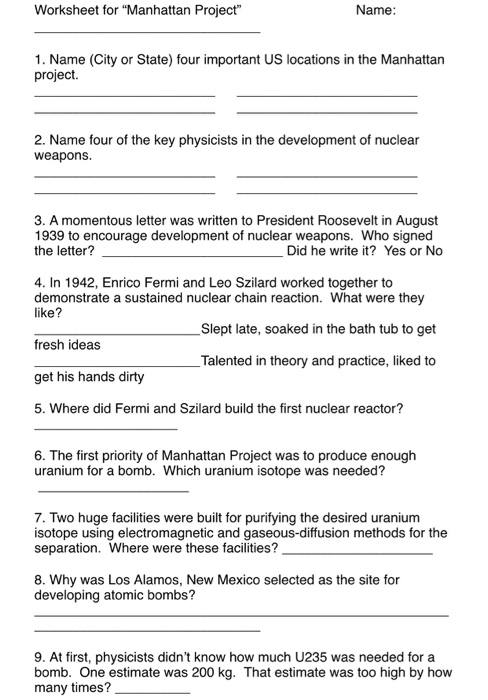 Manhattan Project Worksheet