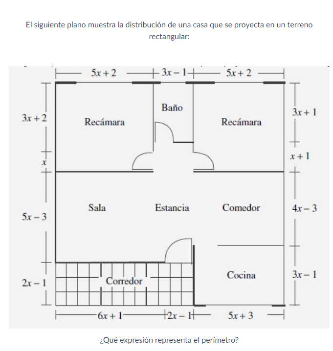 El siguiente plano muestra la distribución de una casa que se proyecta en un terreno rectangular: ¿Qué expresión representa e