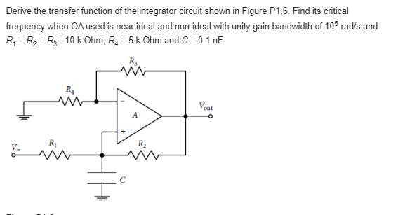 Derive the transfer function of the integrator circuit shown in Figure P1.6. Find its critical frequency when \( \mathrm{OA} 