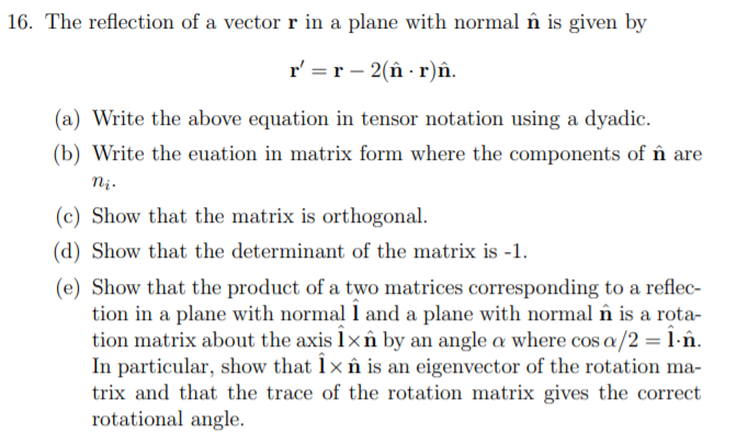 16 The Reflection Of A Vector R In A Plane With N Chegg Com