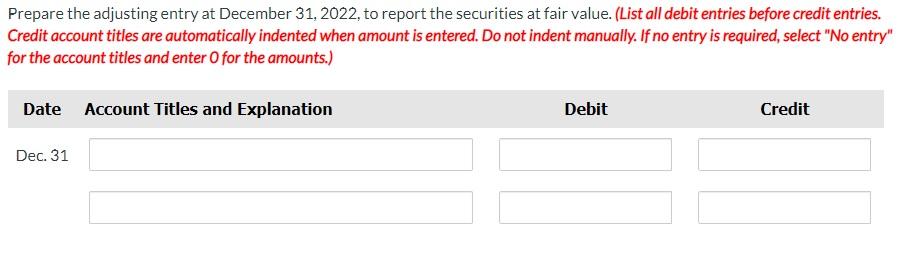 Solved At December 31,2022 , the trading debt securities for | Chegg.com