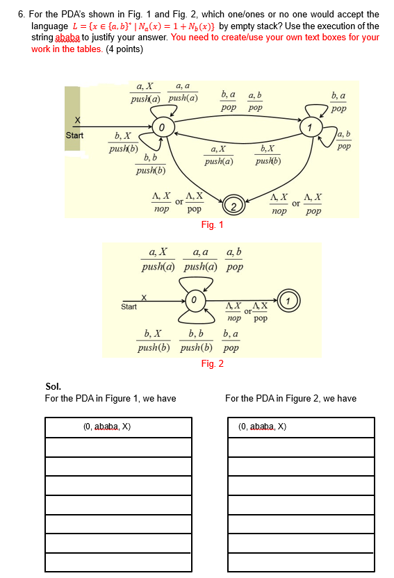 6. For the PDAs shown in Fig. 1 and Fig. 2, which one/ones or no one would accept the language \( L=\left\{x \in\{a, b\}^{*}