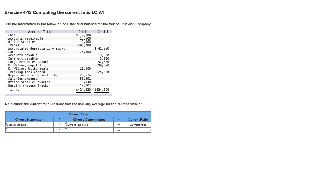 Solved Exercise 4-13 Computing The Current Ratio LO A1 Use | Chegg.com