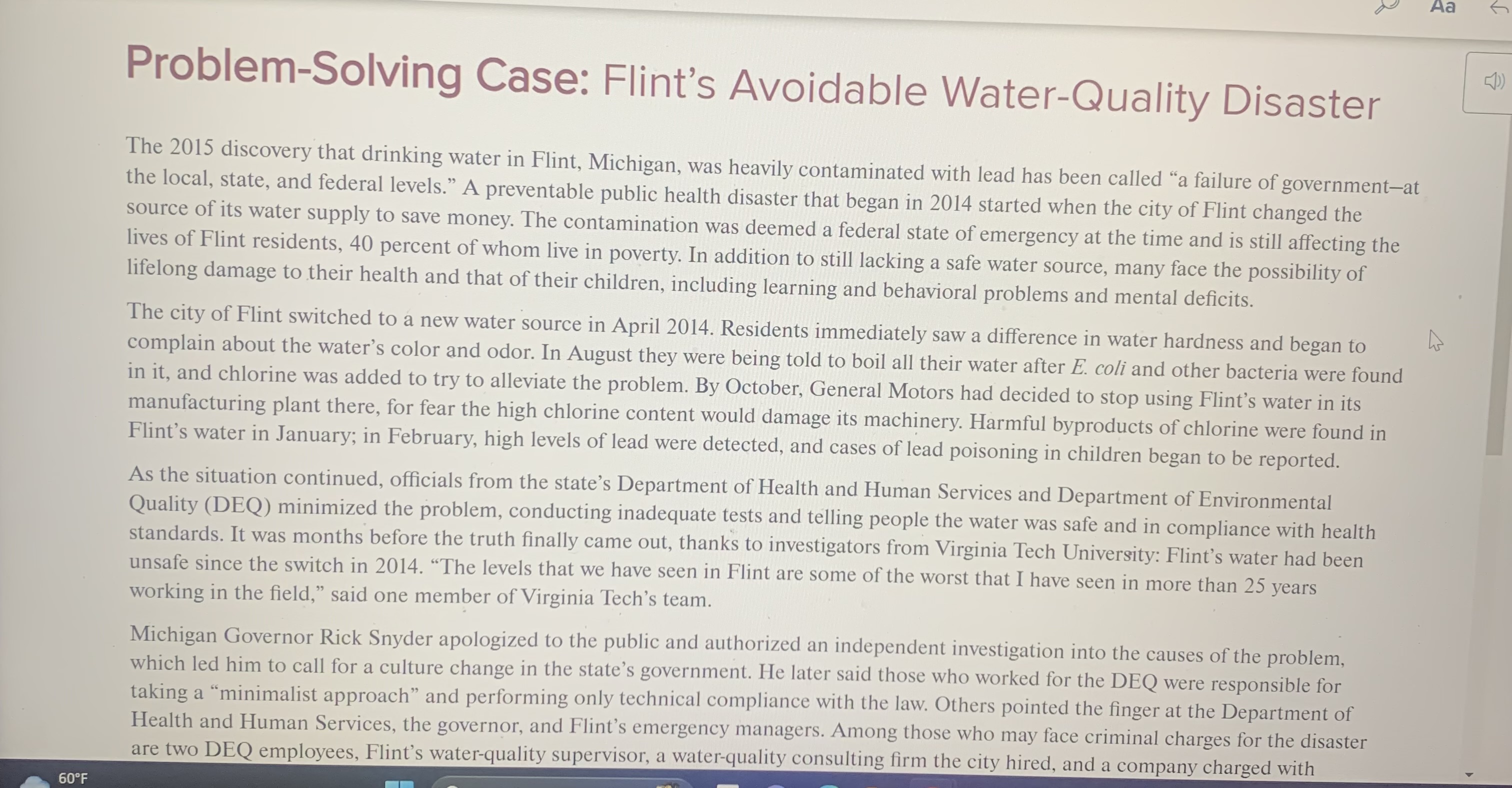 Solved Problem-Solving Case: Flint's Avoidable Water-Quality | Chegg.com