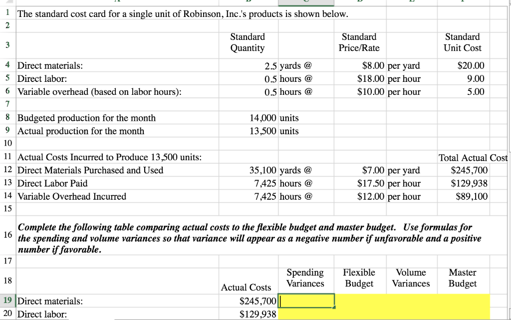1 The standard cost card for a single unit of Robinson, Inc.s products is s...