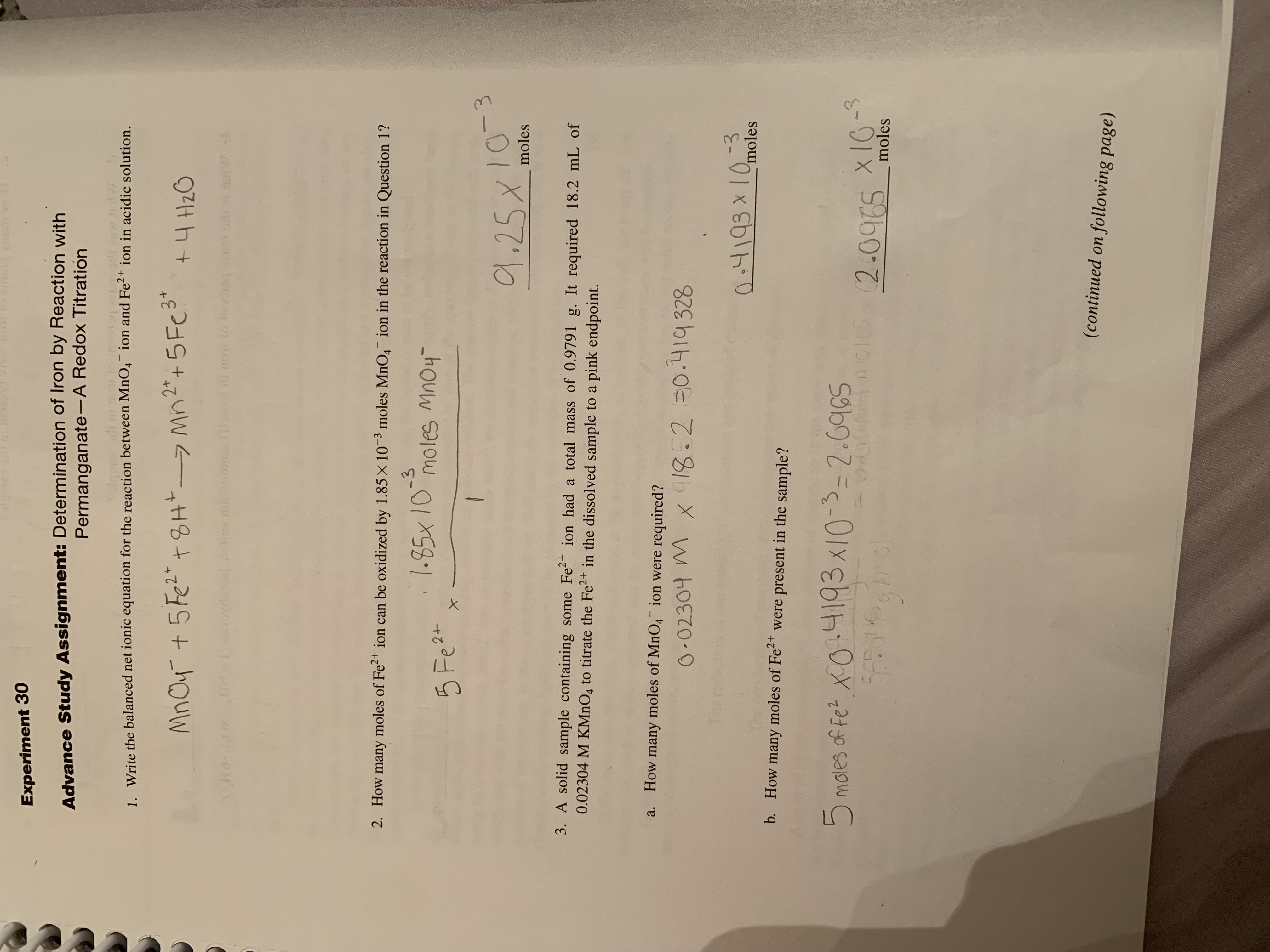 Solved Advance Study Assignment: Determination Of Iron By | Chegg.com