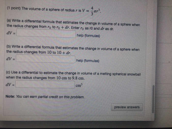 Solved (1 point) The volume of a sphere of radius r is V = | Chegg.com