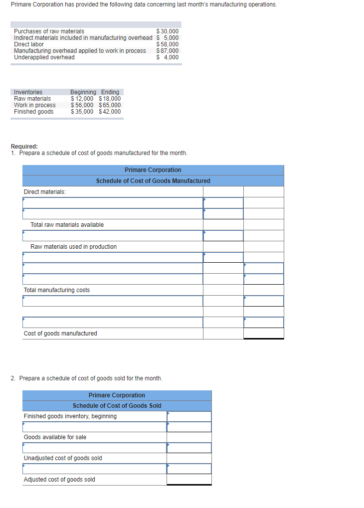 Solved Primare Corporation has provided the following data | Chegg.com