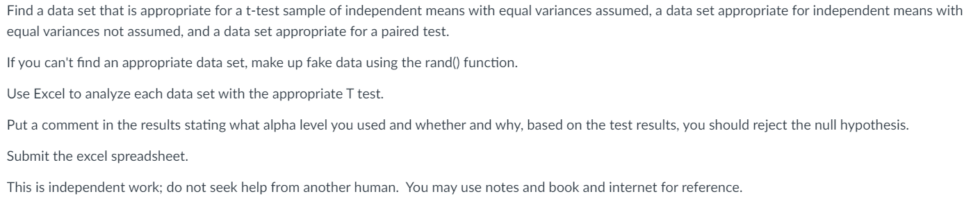 Find a data set that is appropriate for a t-test | Chegg.com