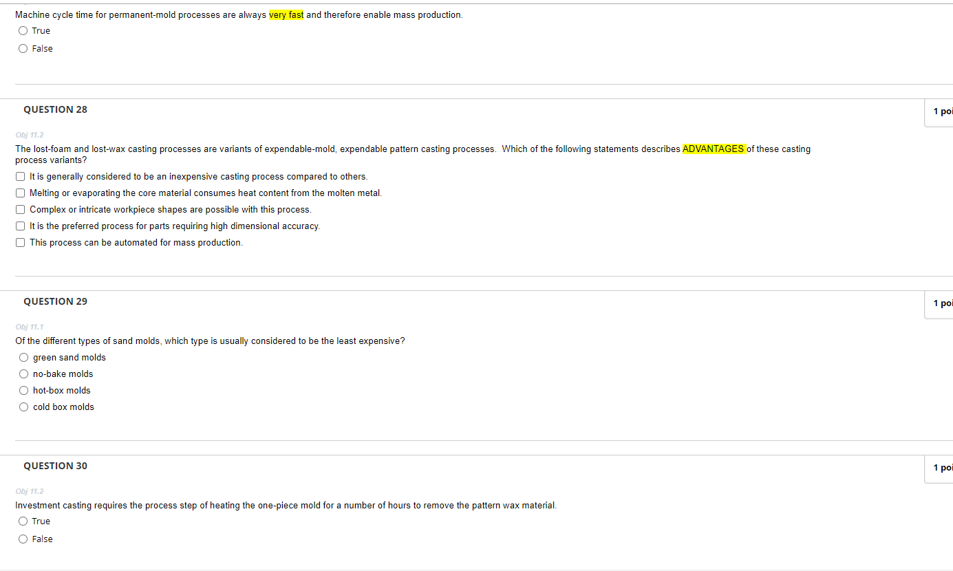 Solved Machine cycle time for permanentmold processes are