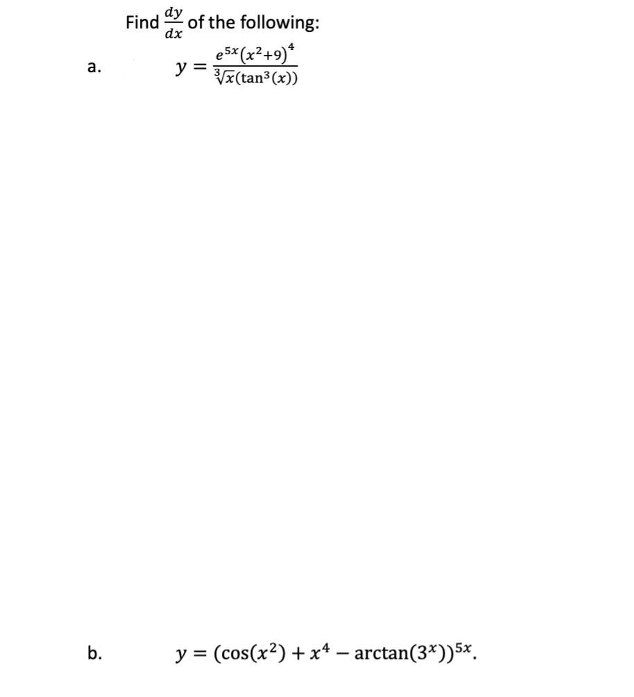 Find \( \frac{d y}{d x} \) of the following: \[ y=\frac{e^{5 x}\left(x^{2}+9\right)^{4}}{\sqrt[3]{x}\left(\tan ^{3}(x)\right)