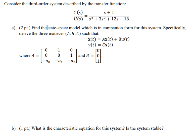 Solved Consider The Third order System Described By The Chegg