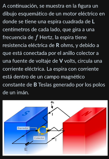 A continuación, se muestra en la figura un dibujo esquemático de un motor eléctrico en donde se tiene una espira cuadrada de