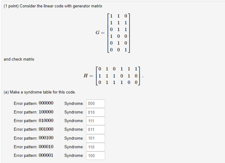 Solved (1 point) Consider the linear code with generator | Chegg.com