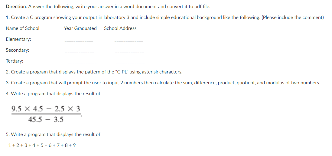 Solved Direction: Answer The Following, Write Your Answer In | Chegg.com