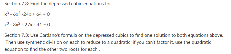 Solved Section 7.3: Find the depressed cubic equations for | Chegg.com