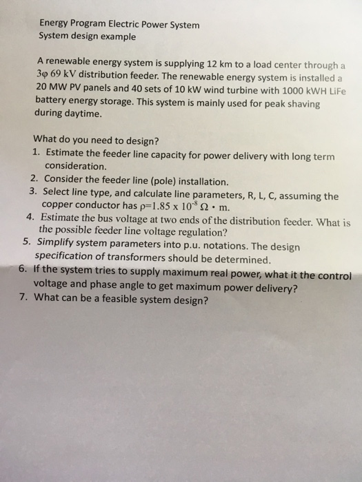 Energy Program Electric Power System System design | Chegg.com