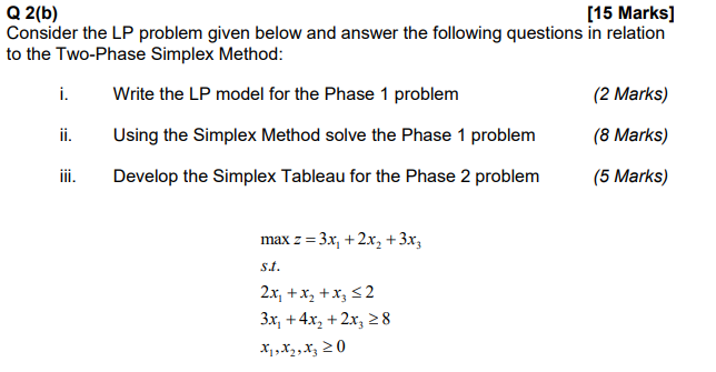 Solved Q2(b) [15 Marks) Consider the LP problem given below | Chegg.com