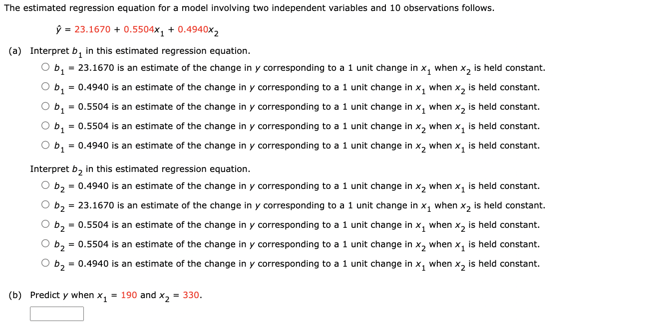 Solved e estimated regression equation for a model involving | Chegg.com